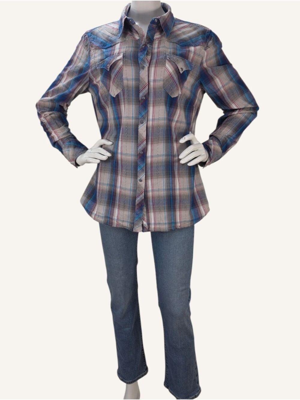 Roper XL Blue Red Plaid Pearl Snap Western Shirt Rodeo Cowgirl 100% Cotton
